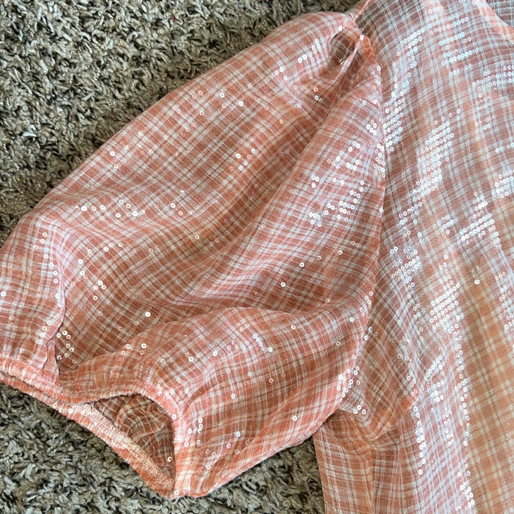 Peach Gingham Mini Dress with Puff Sleeves - Picture 6 of 16